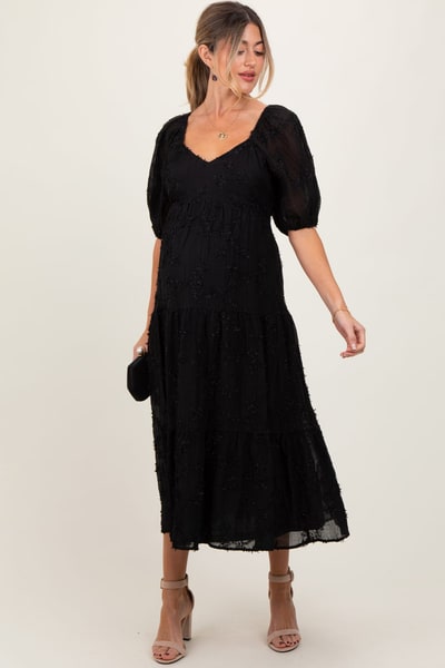 PinkBlush Black Embroidered Floral Overlay Maternity Midi Dress