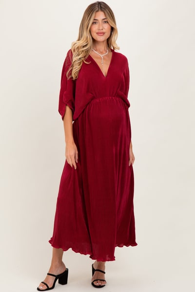 PinkBlush Burgundy Pleated Satin Dolman Sleeve Maternity Maxi Dress