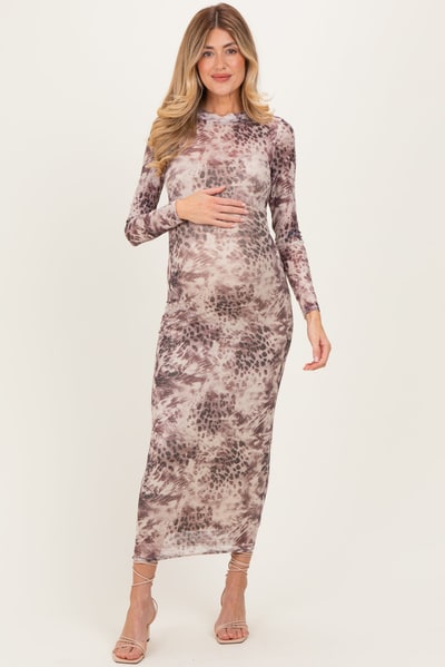PinkBlush Cream Animal Print Mesh Overlay Maternity Maxi Dress
