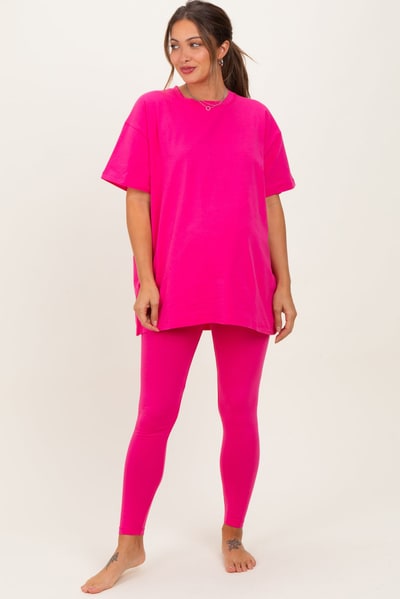 PinkBlush Hot Pink Oversized Crewneck Short Sleeve and Legging Maternity Set