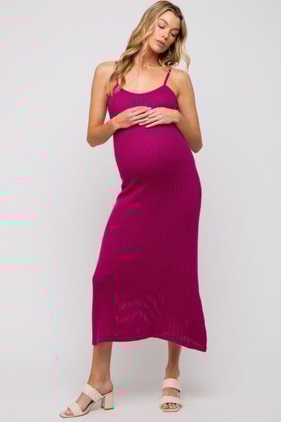PinkBlush Magenta Open Knit Crochet Maternity Midi Dress