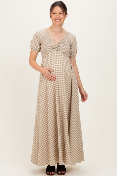 PinkBlush Beige Smocked Gingham Maternity Maxi Dress