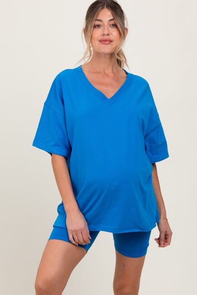 PinkBlush Aqua Oversized V-Neck Biker Short Maternity Set