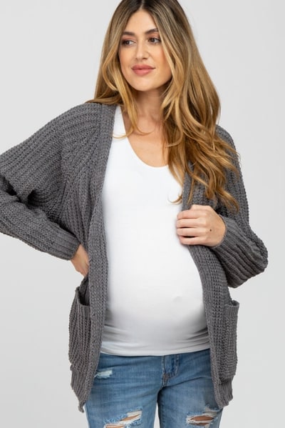 PinkBlush Charcoal Ribbed Cable Knit Maternity Cardigan