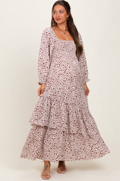 PinkBlush Cream Floral Asymmetrical Ruffle Hem Maternity Maxi Dress