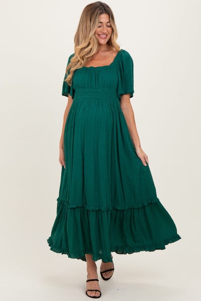 PinkBlush Forest Green Swiss Dot Ruffle Trim Maternity Maxi Dress