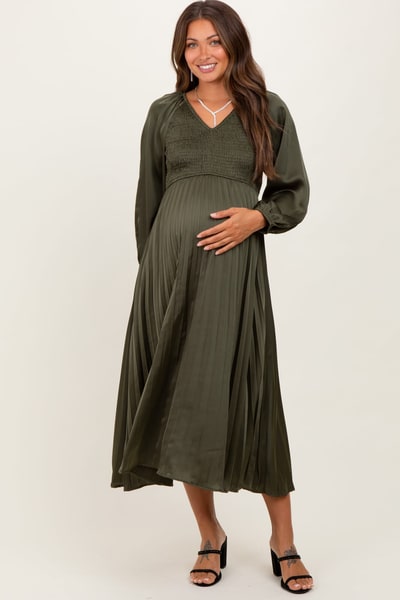 PinkBlush Olive Satin Smocked Pleated Maternity Midi Dress