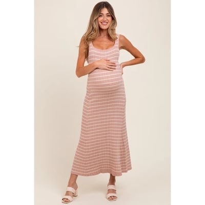Target PinkBlush Blush/Cream Lightweight Rib Fit And Flare Maternity Midi Dress Pink Large