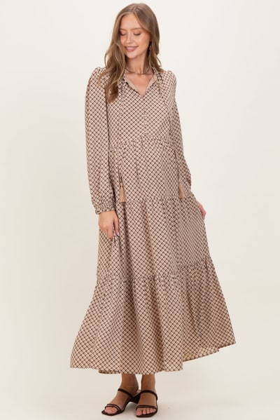 PinkBlush Taupe Plaid Tie Collar Tiered Maternity Maxi Dress