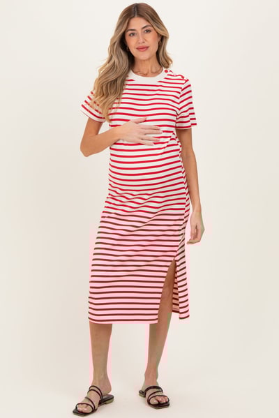PinkBlush Red Striped Short Sleeve Maternity Midi Dress