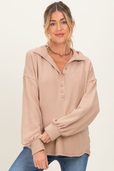PinkBlush Taupe Solid Ribbed Long Sleeve Button Down Collared Maternity Top