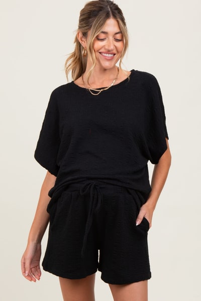 PinkBlush Black Textured Modal Knit Loose Fit Maternity Top & Shorts Set
