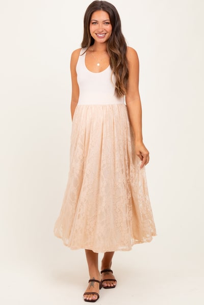 PinkBlush Beige Solid Tank Top Lace Skirt Maternity Midi Dress