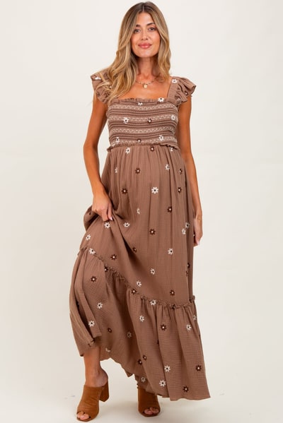 PinkBlush Mocha Floral Embroidered Smocked Maternity Maxi Dress