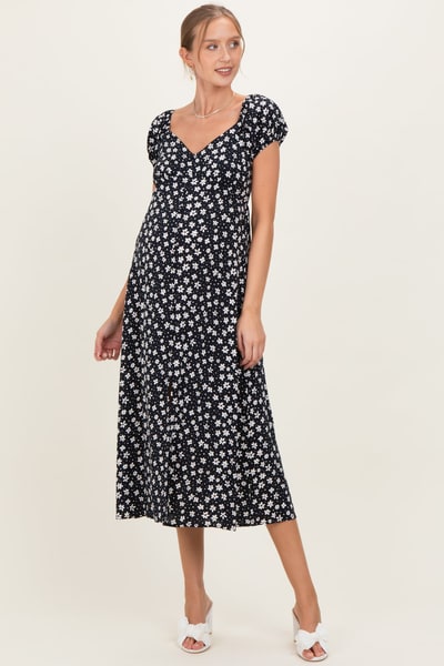PinkBlush Black Floral V-Neck Button Detail Maternity Midi Dress
