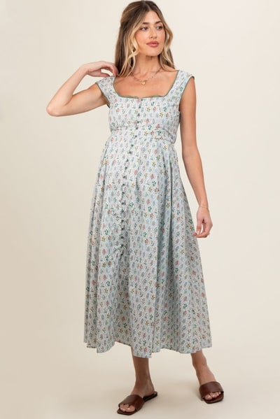 PinkBlush Light Blue Floral Button Front Sleeveless Maternity Maxi Dress