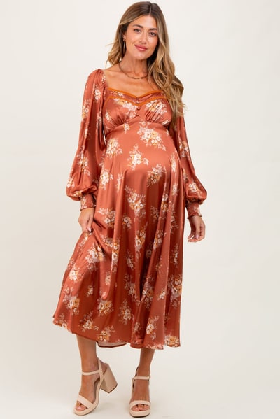PinkBlush Rust Satin Floral Bubble Sleeve Maternity Midi Dress