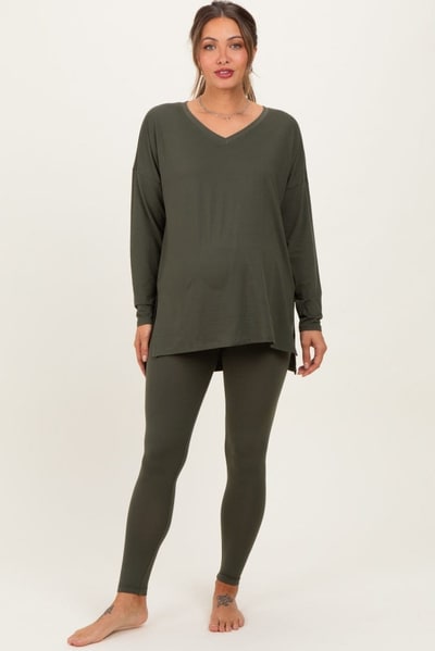 PinkBlush Olive Green Brushed Knit Maternity Oversized Top and Legging Set