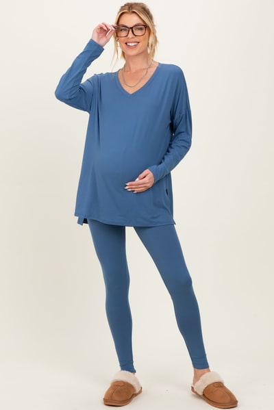PinkBlush Blue Brushed Knit Maternity Oversized Top and Legging Set