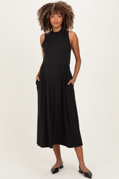 PinkBlush Black Ribbed Mock Neck Sleeveless Maternity Midi Dress