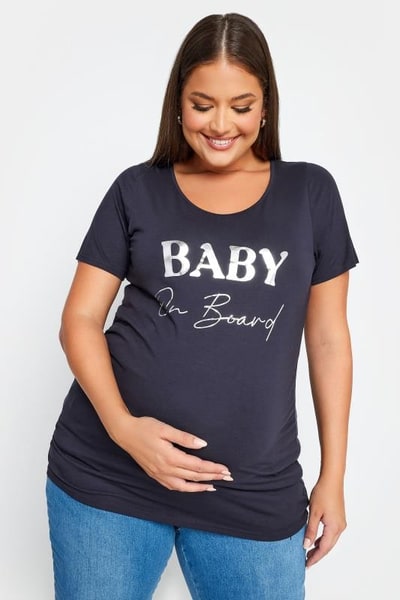 Yours Clothing BUMP IT UP MATERNITY Navy Blue 'Baby On Board' Slogan T-shirt