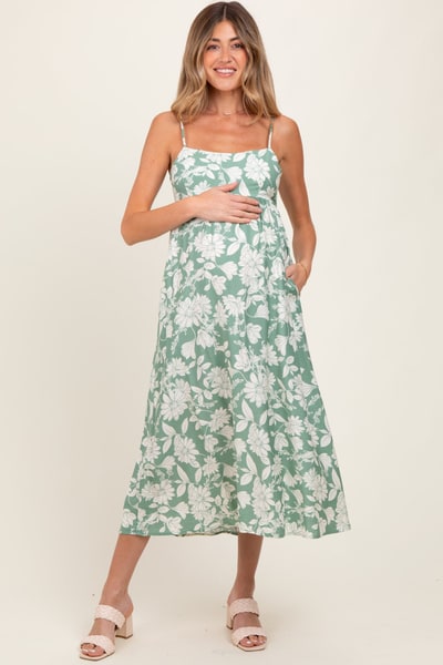 PinkBlush Light Olive Floral Sleeveless Maternity Midi Dress