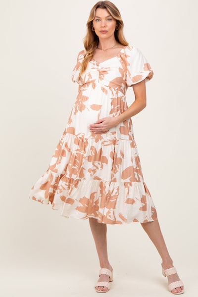 PinkBlush Ivory Floral Puff Sleeve Tiered Maternity Midi Dress