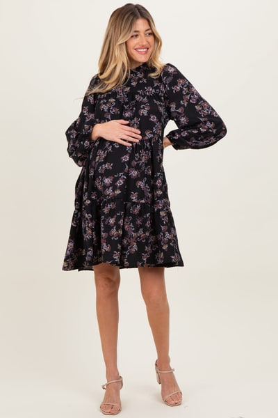 PinkBlush Black Floral Tiered Long Sleeve Maternity Dress