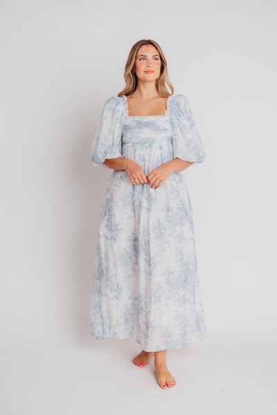 Worth Collective Melody Maxi Dress with Pleats and Bow Detail in Blue Floral - Bump Friendly & Inclusive Sizing (S-3XL)