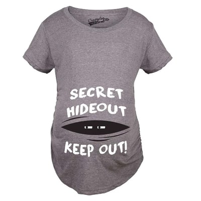 Target Maternity Secret Hideout Baby Peeking Maternity Shirt Funny Pregnancy Shirts - Crazy Dog Maternity T Shirt Gift for Mom to be Dark Grey XXL