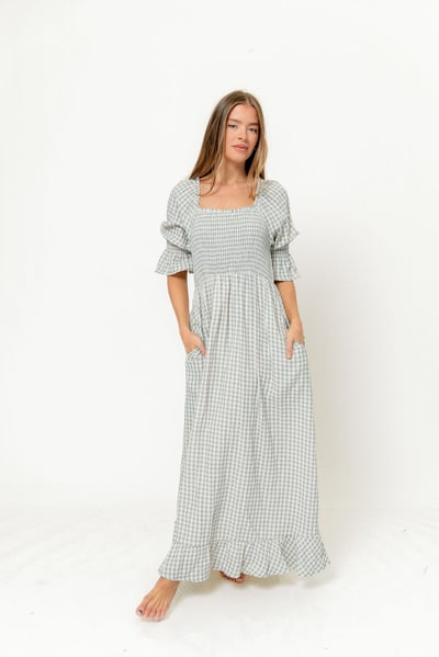 Worth Collective Sienna 100% Cotton Puff Sleeve Maxi Dress in Light Indigo Plaid (Lined) - Bump Friendly
