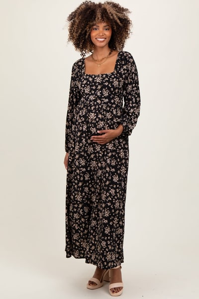 PinkBlush Black Floral Square Neck Long Sleeve Maternity Maxi Dress