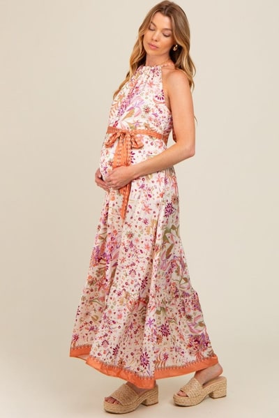 PinkBlush Lavender Floral Halter Front Tie Maternity Maxi Dress