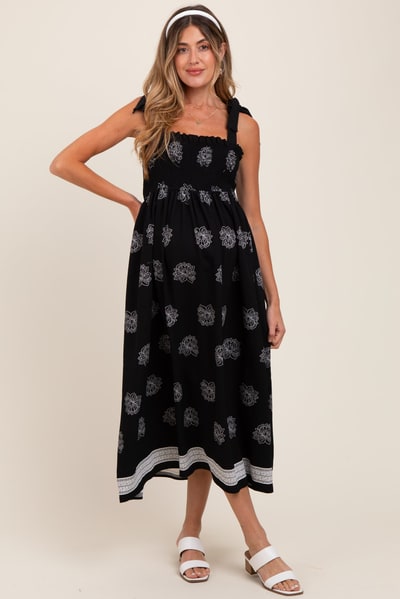 PinkBlush Black/Cream Vintage Floral Border Printed Smocked Top Sleeveless Maternity Maxi Dress