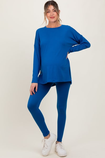 PinkBlush Blue Brushed Knit Maternity Oversized Top and Legging Set