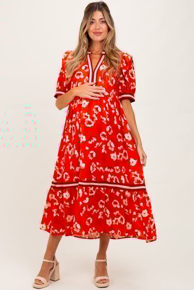 PinkBlush Red Floral Contrast Trim Maternity Midi Dress