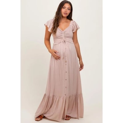 Target PinkBlush Taupe Smocked Top Woven Maternity Maxi Dress Taupe Small
