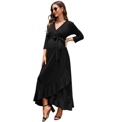 Target WhizMax Women's Maternity Dress V neck 3/4 Sleeve Ruffle Long Dress High Waist A Line Maxi Dress with Belts Black 2XL