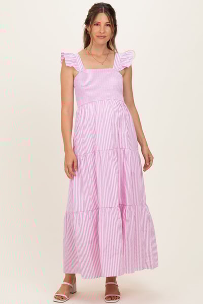 PinkBlush Pink Striped Ruffle Strap Smocked Maternity Maxi Dress