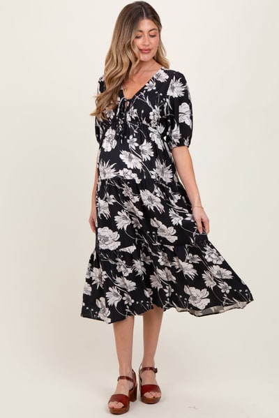PinkBlush Black Floral Tie Front Tiered Maternity Midi Dress
