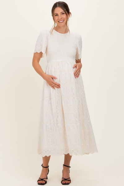 PinkBlush Cream Smocked Embroidered Maternity Midi Dress