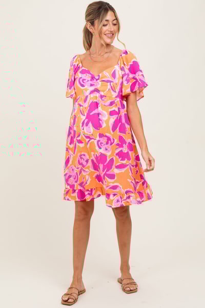 PinkBlush Orange Abstract Floral Cinch Bust Maternity Dress