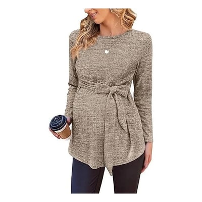 Target Ekouaer Women's Maternity Shirts Long Sleeve Pregnancy Tops Casual Ribbed Knit Winter Pregnant Blouses Brown XXL