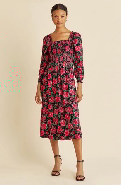 For The Creators Rose Print Shirred Bodice Dress