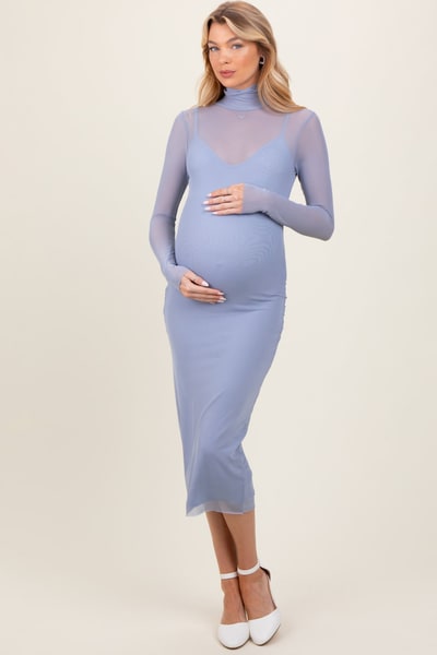 PinkBlush Light Blue Mesh Overlay Fitted Maternity Midi Dress
