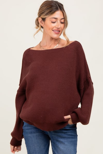PinkBlush Brown Balloon Sleeve Boat Neck Knit Maternity Sweater