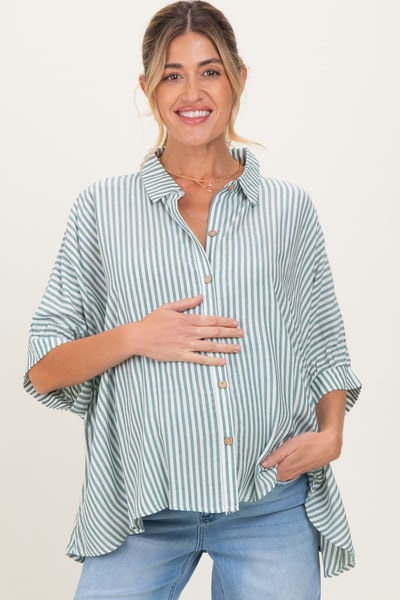 PinkBlush Forest Green Striped Button Up Dolman Maternity Top