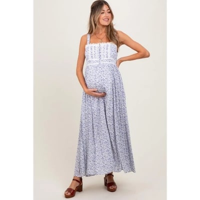 Target Light Blue Floral Button Down Sleeveless Maternity Maxi Dress Light Blue Small