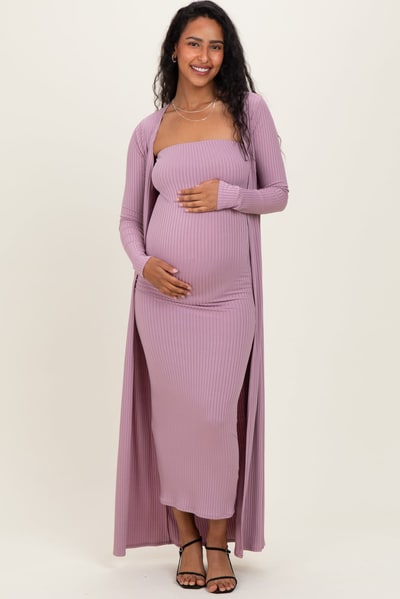 PinkBlush Violet Ribbed Sleeveless Dress Cardigan Maternity Set