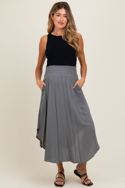 PinkBlush Charcoal Smocked Waist Rounded Hem Maternity Midi Skirt